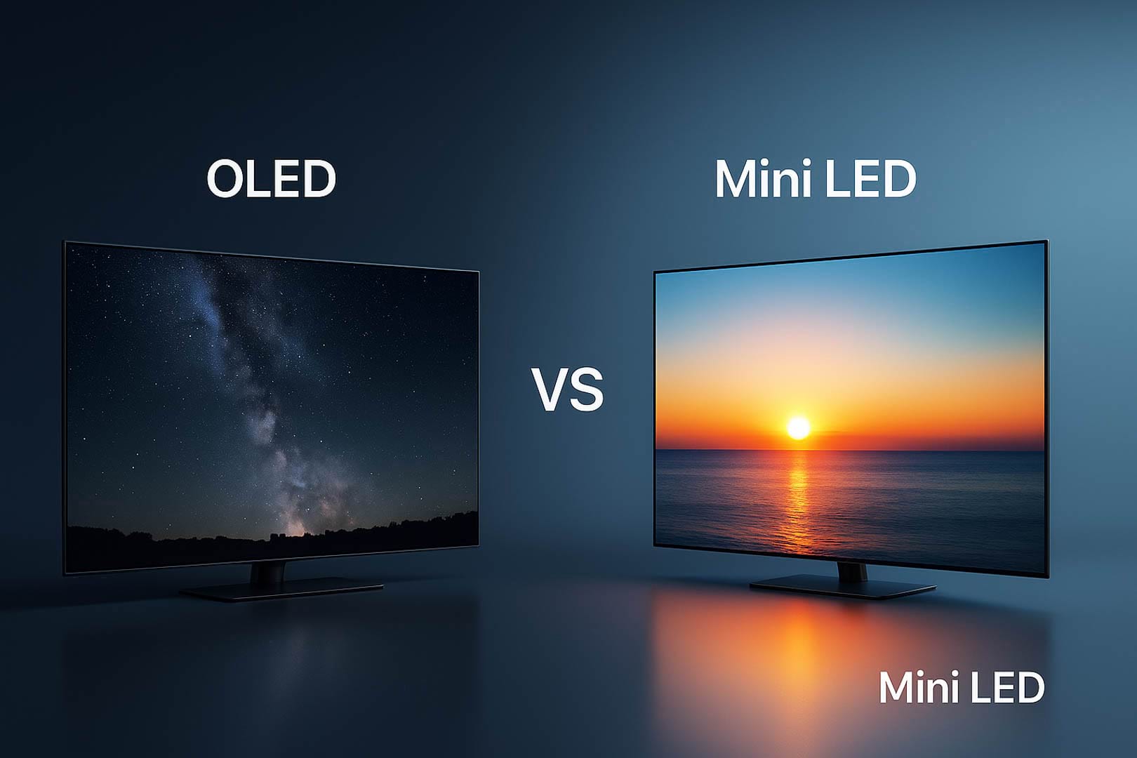 Usporedna ilustracija OLED i Mini LED televizora u Apple-stilu: lijevo OLED s noćnim nebom i savršenim crninama, desno Mini LED s HDR zalaskom sunca i jarkim bojama, odvojeni natpisom “VS”, prikazani na reflektirajućoj podlozi u minimalističkom studijskom okruženju.